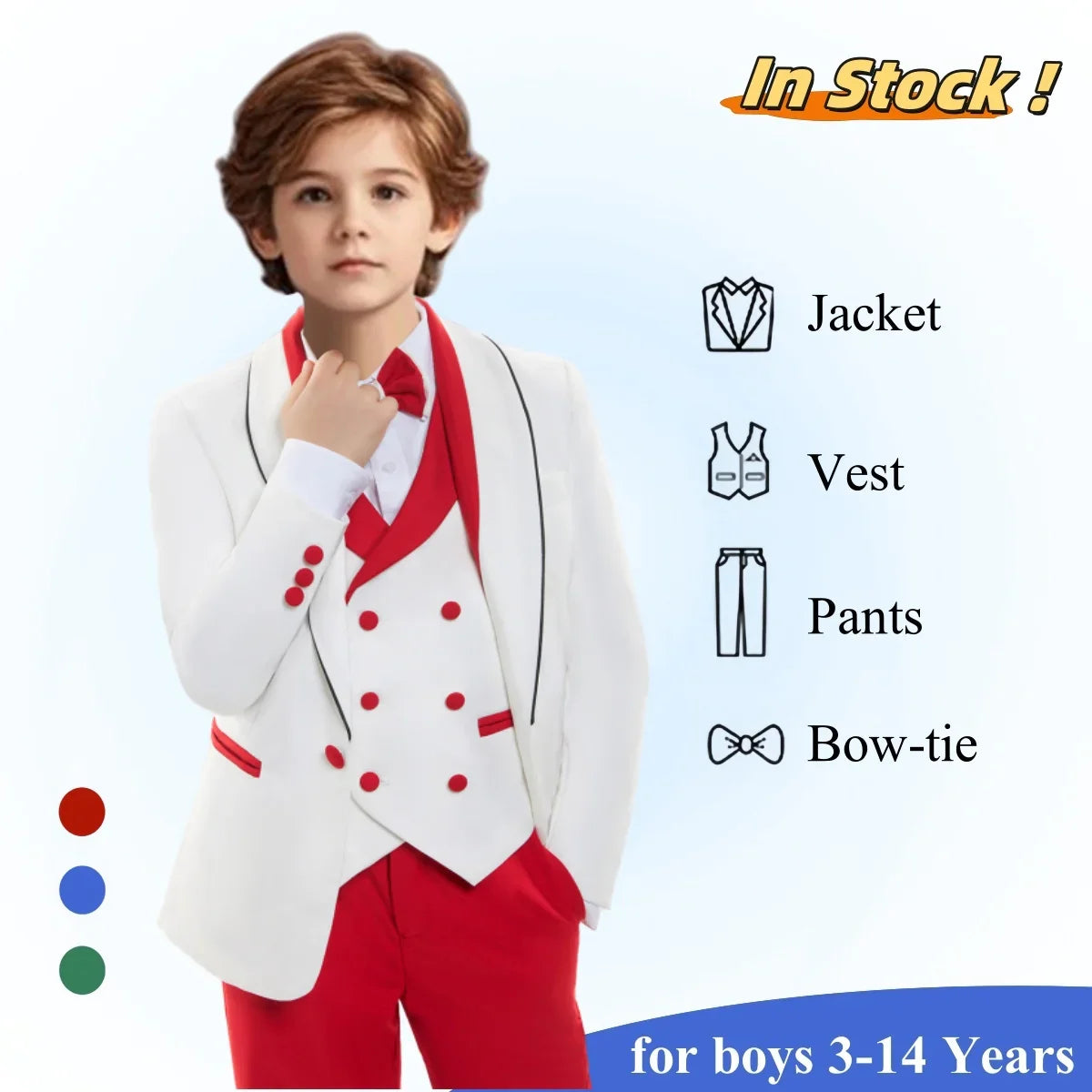 4 Pieces Boys Suit Set Vest Included - Toddler to Teen Tuxedo Sets - Christening Suits Adjustable Waist Boys Suit 3-14 Years