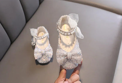 Toddler Girl's Princess Shoes Sequins Lace Bowknot 21-36 Children Mary Janes Three Colors Luxury Trendy Party Kids Shoes Flats