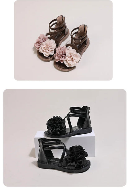 Girls' Sandals 2024 Summer New Children's Flower Princess Shoes Soft Sole Anti Slip Baby Girls' Roman Sandals