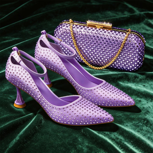 Elegant Light Purple Women's Heels & Handbag Set - Rhinestone-Embellished Shoes for Weddings & Special Occasions - 2026