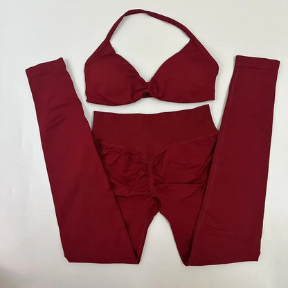 2pcs Seamless Yoga Set Women Yoga Scrunch Leggings Set Strappy Halter Sports Bra Fitness Gym Clothing Workout Set