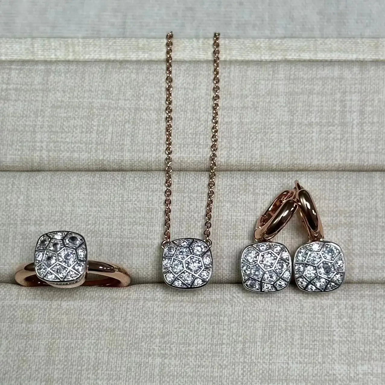 10.6mm Honeycomb Style Jewelry Set For Women Ring Earrings Necklace Rose Gold Candy Crystal Bijoux Gift