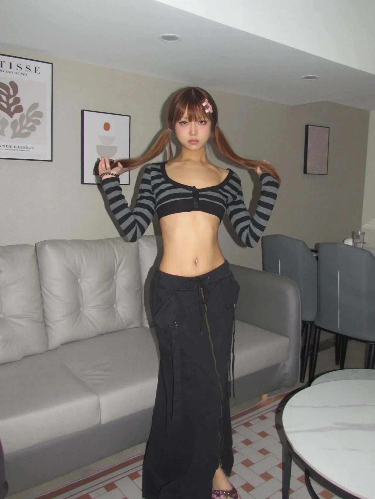 Y2k Crop Top Japanese 2000s Style Striped Long Sleeved T-shirt Vintage Harajuku High Street Tops American Retro