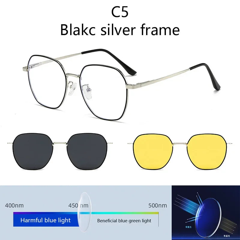 Sunglasses Men Women 3 In 1 Magnetic Clip On Glasses Hexagon Alloy Frame