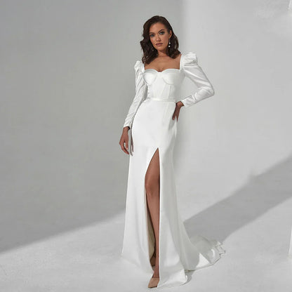 Civil Long Puff Sleeve Mermaid Wedding Dress Sweetheart Side Slit Beach White Satin Bridal Gown For Bride Corset Robe De Mariee