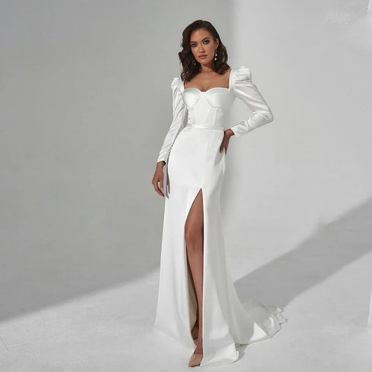 Civil Long Puff Sleeve Mermaid Wedding Dress Sweetheart Side Slit Beach White Satin Bridal Gown For Bride Corset Robe De Mariee