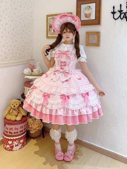 New 2025 Summer Original Sweet Lolita Jsk Dress Cute Bow Lace Stitching Kawaii Girls Women Elegant Slim Suspender Dresses