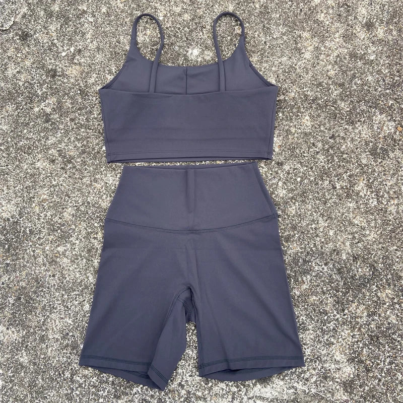 2 Piece Yoga Shorts Set Gym Sports Set Women Workout Clothes Fitness Suit Thin Strap Bra Top High Waist Shorts Running Tracksuit