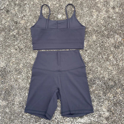 2 Piece Yoga Shorts Set Gym Sports Set Women Workout Clothes Fitness Suit Thin Strap Bra Top High Waist Shorts Running Tracksuit