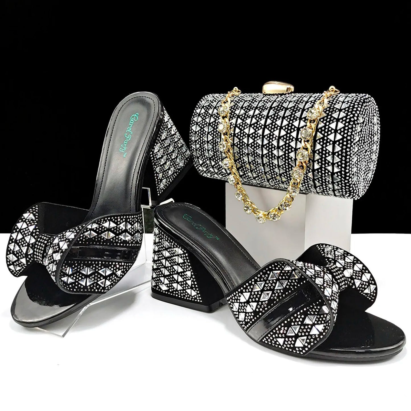 Italian Fashion Banquet Shoes and Bags African Women's Hand Bags with Rhinestone Decoration and Women's High Heels
