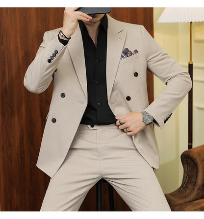 ( Blazers + Pants ) Boutique Fashion Solid Color Double-breasted Men's Casual Business Slim Suit 2-piece Set Groom Wedding Dress