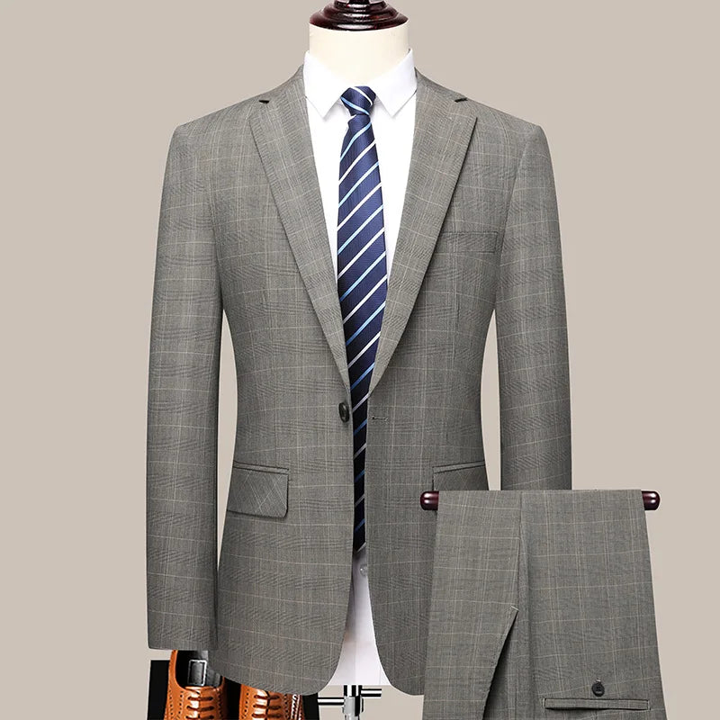 Suits (blazer+ Pants) Men Fashion Business Casual Solid Color Korean Version Slim-fit Plaid Gentleman Wedding Work S-5XL