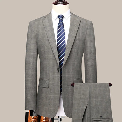 Suits (blazer+ Pants) Men Fashion Business Casual Solid Color Korean Version Slim-fit Plaid Gentleman Wedding Work S-5XL