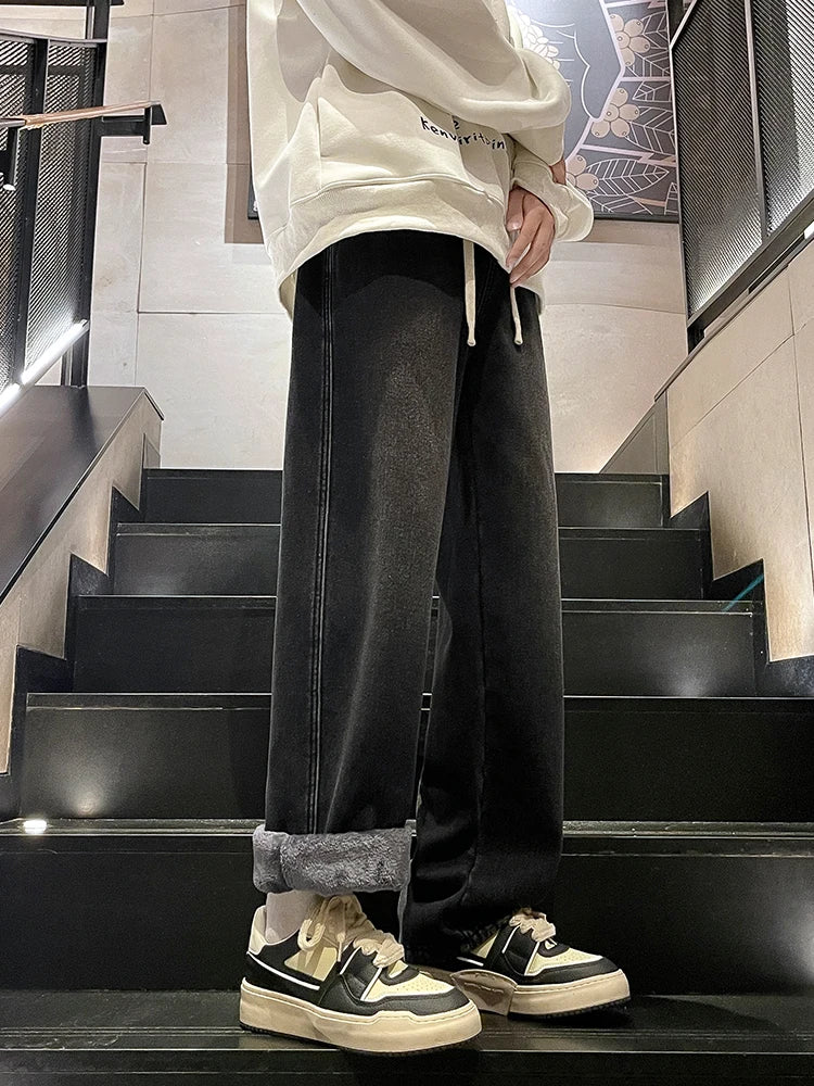 Calça Jeans Masculina de Inverno Coreana Forrada com Lã Grossa Quente Reta Denim Lavado Algodão Azul Retrô Larga Pantalona