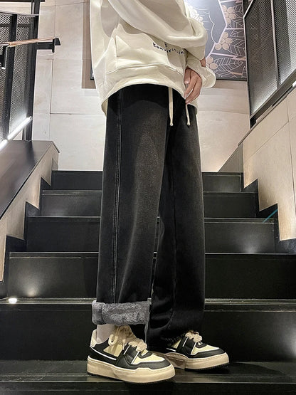 Calça Jeans Masculina de Inverno Coreana Forrada com Lã Grossa Quente Reta Denim Lavado Algodão Azul Retrô Larga Pantalona