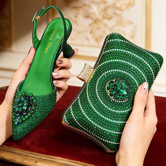 Elegant Green Rhinestone High Heels & Bag Set - Trendy African Ladies' Fashion - Latest INS Style Design