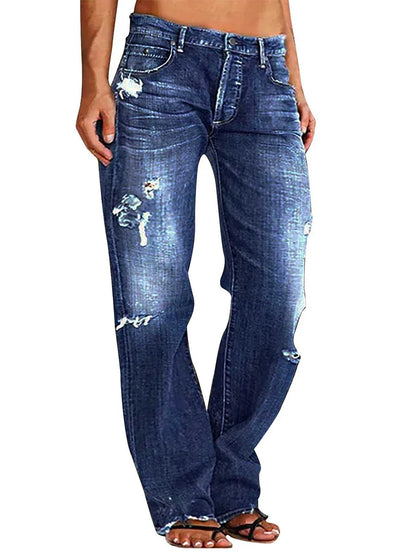 Women Men Denim Pants Casual Ripped Loose Straight Leg Jeans