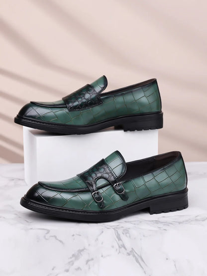 Classic Leather Men's Loafer Shoes Slip-on Double Buckles Green Black Shoes Wedding Party Formal Shoes for Men Zapatillas Male