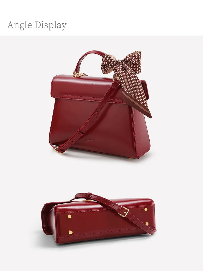 Genuine Leather Handbag with Scarf | Luxury Designer Trendy Shoulder Bag Solid Color Commuting Bag | bags for women gift