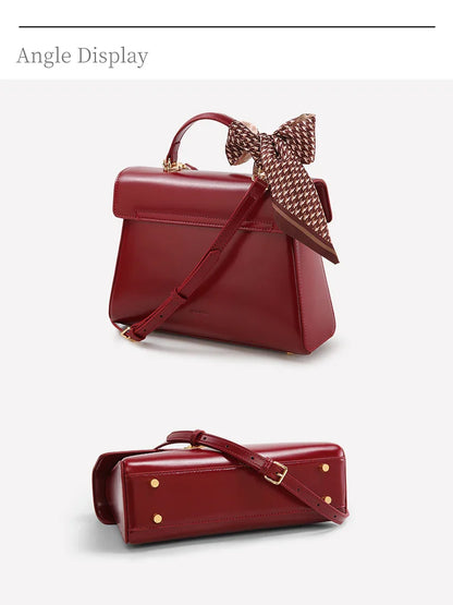 Genuine Leather Handbag with Scarf | Luxury Designer Trendy Shoulder Bag Solid Color Commuting Bag | bags for women gift