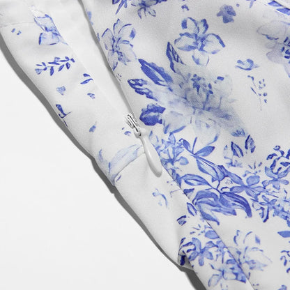 Women's Summer Floral Print Dresses Sweet Elegant Midi Holiday Dress Casual Slit Blue Lace Up Dresses 2023