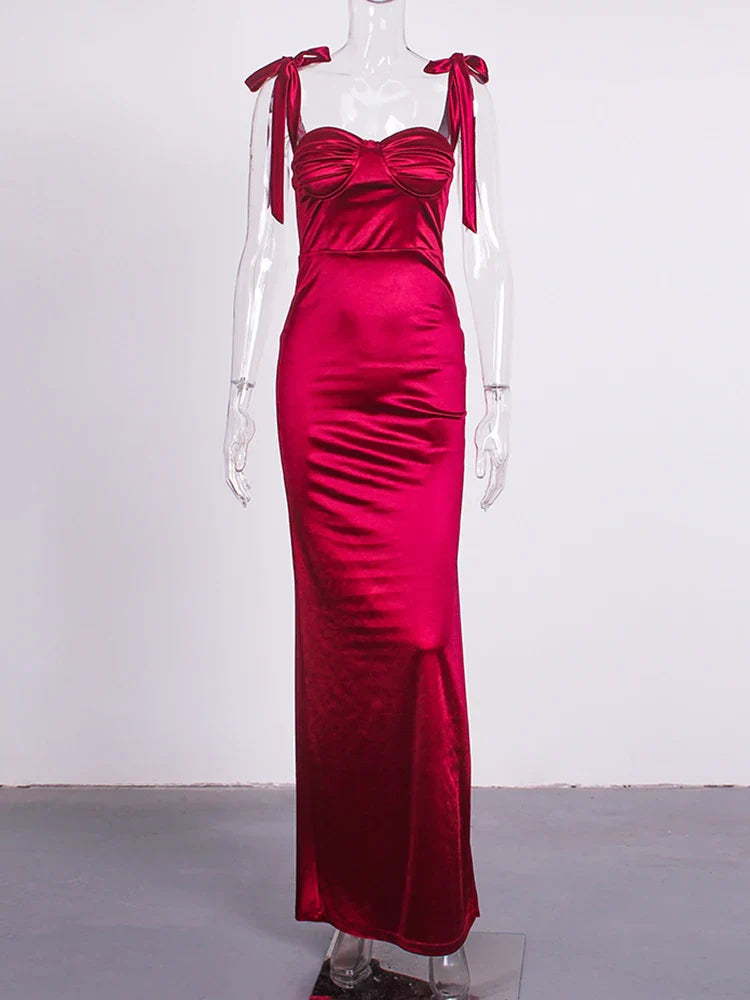 Sexy Sweetheart Ruched Padded Satin Maxi Dress Side Split Tie Up Sleeveless Cocktail Party Evening Bridesmaids PromGown