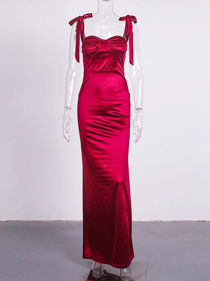 Sexy Sweetheart Ruched Padded Satin Maxi Dress Side Split Tie Up Sleeveless Cocktail Party Evening Bridesmaids PromGown