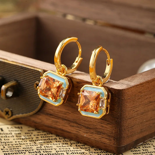 Jewelry Fashion Drop Glaze Retro Geometric Square Earrings Classic Women's Light Luxury Personalized Women's Earrings