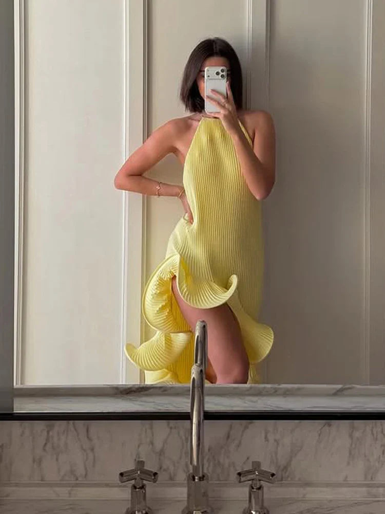 Women Romantic Yellow Halter Maxi Dress Ribbed Knit Ruffled High-slit Slim-fit Vestido 2026 Lady New Spring Trendy Fashion Robes