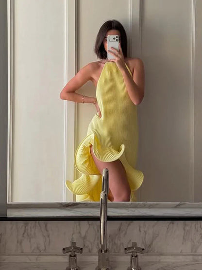 Women Romantic Yellow Halter Maxi Dress Ribbed Knit Ruffled High-slit Slim-fit Vestido 2026 Lady New Spring Trendy Fashion Robes