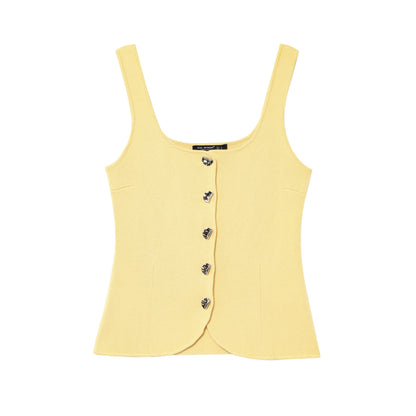 Vintage Casual Chic Yellow Women Cami Tops Solid Single Breasted Sleeveless Vest Fashion 2025 Spring Summer Holiday Tops
