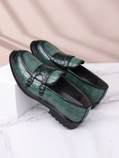 Classic Leather Men's Loafer Shoes Slip-on Double Buckles Green Black Shoes Wedding Party Formal Shoes for Men Zapatillas Male