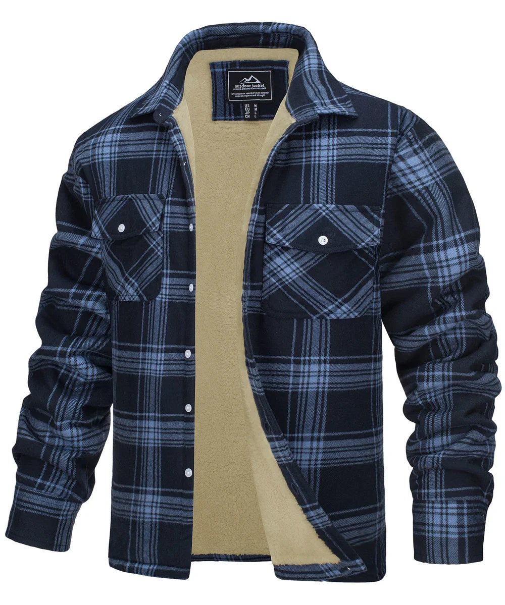 Fleece Lining Jackets Mens Flannel Cotton Jackets Plaid Casual Button Down Cargo Work Coats Thicken Outwear Man Tops
