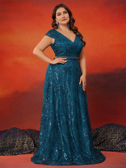 Plus Size Elegant Sequins V-back Cap sleeve Evening Dresses Women Luxury Long A-line Formal Prom Wedding Party Cocktail Gowns