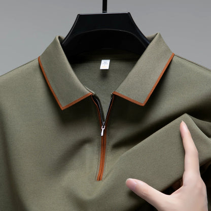 Light luxury brand long sleeved men's polo shirt autumn fashion flip collar half zipper design boutique top silk casual T-shirt