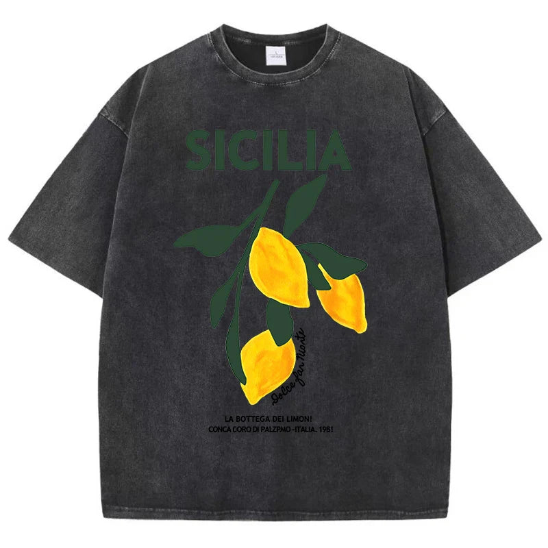 Lemon Fruit Design Women Washed T-Shirts Y2K Casual T Shirt Summer Hip Hop Top Cotton Loose Short Sleeve
