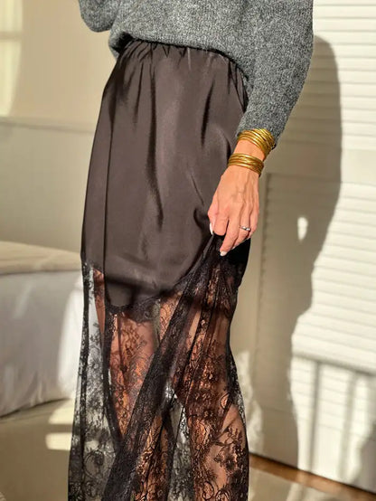 Lace Stitching Skirt Women's Casual Midi Skirt High Waist A-Line Skirt with Pockets Solid Color