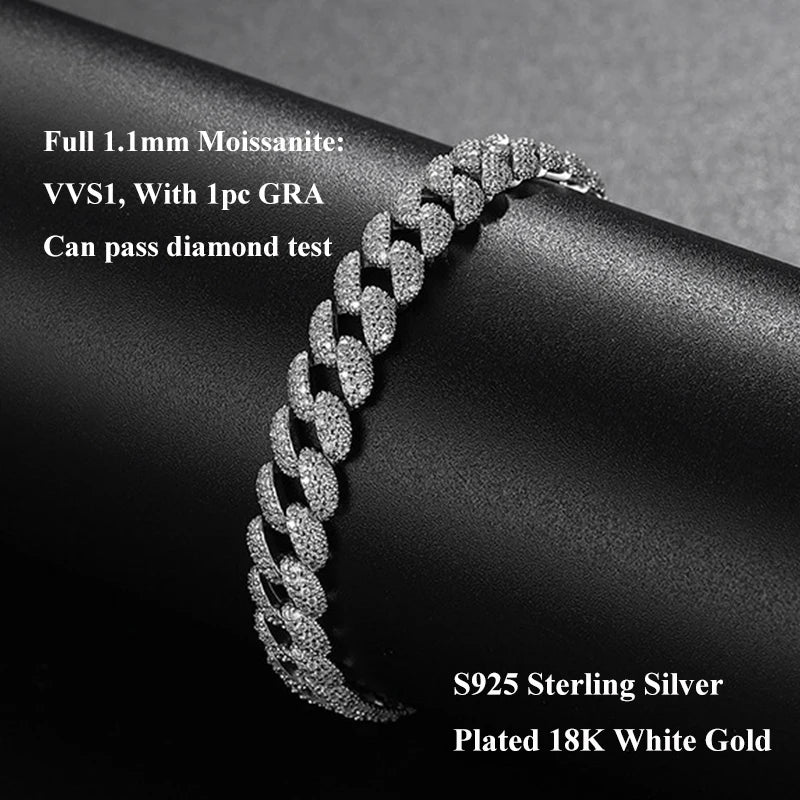 Full 1.1mm D Color Moissanite Cuban Bracelet For Man Women 925 Silver Pass Diamond Test 9.3mm Wide Link Chain Bracelets