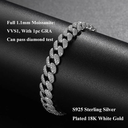 Full 1.1mm D Color Moissanite Cuban Bracelet For Man Women 925 Silver Pass Diamond Test 9.3mm Wide Link Chain Bracelets