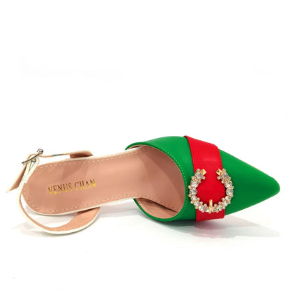 Italian Design Leather Colorblock Pointed Toe High Heel Women's Sandals Fashion Everyday Matching Shoes and Bag Sets