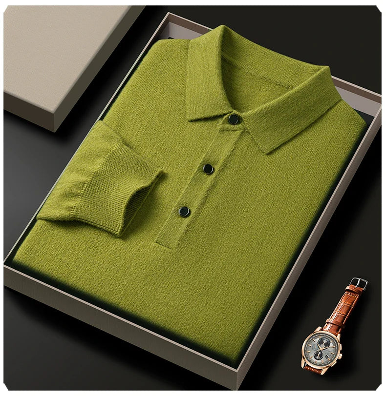Fashion luxury knitted long sleeve polo shirt men's autumn new trend simple solid color soft skin friendly comfort lapel sweater