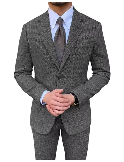 Retro British Men Suit 2 pieces (Blazer+ Vest + Pants)Single Breasted Suit Jacket Formal Fashion Herringbone Wedding Business