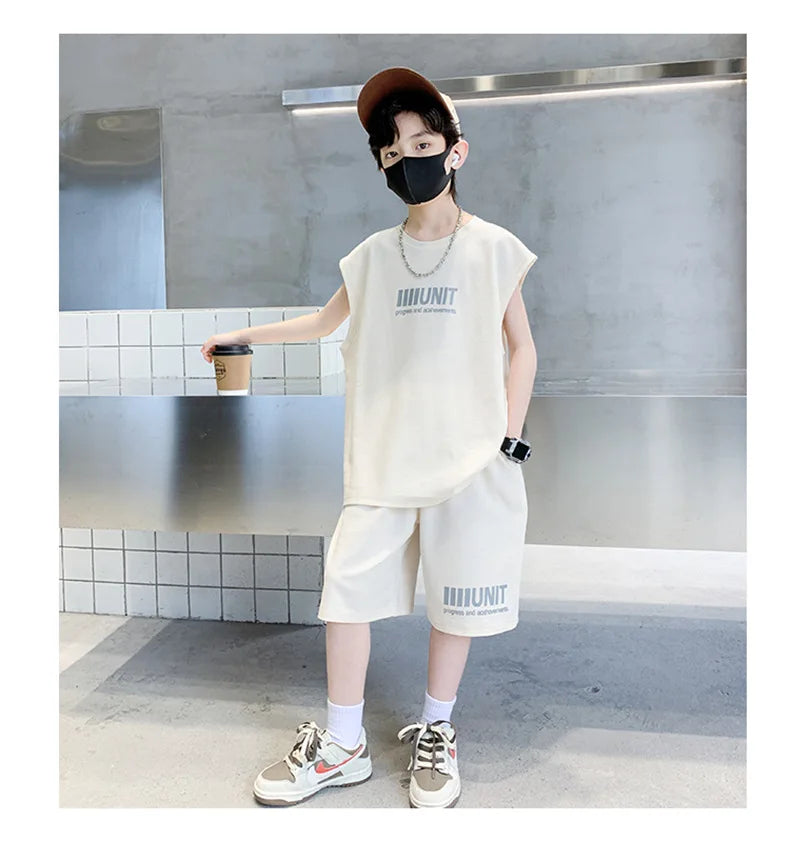 Big Child Cotton Summer Suit for Teens Boy Wing Print Cotton Tshirt + Shorts 2PCS Clothing Set Kids Adult Fashion Street Outfit