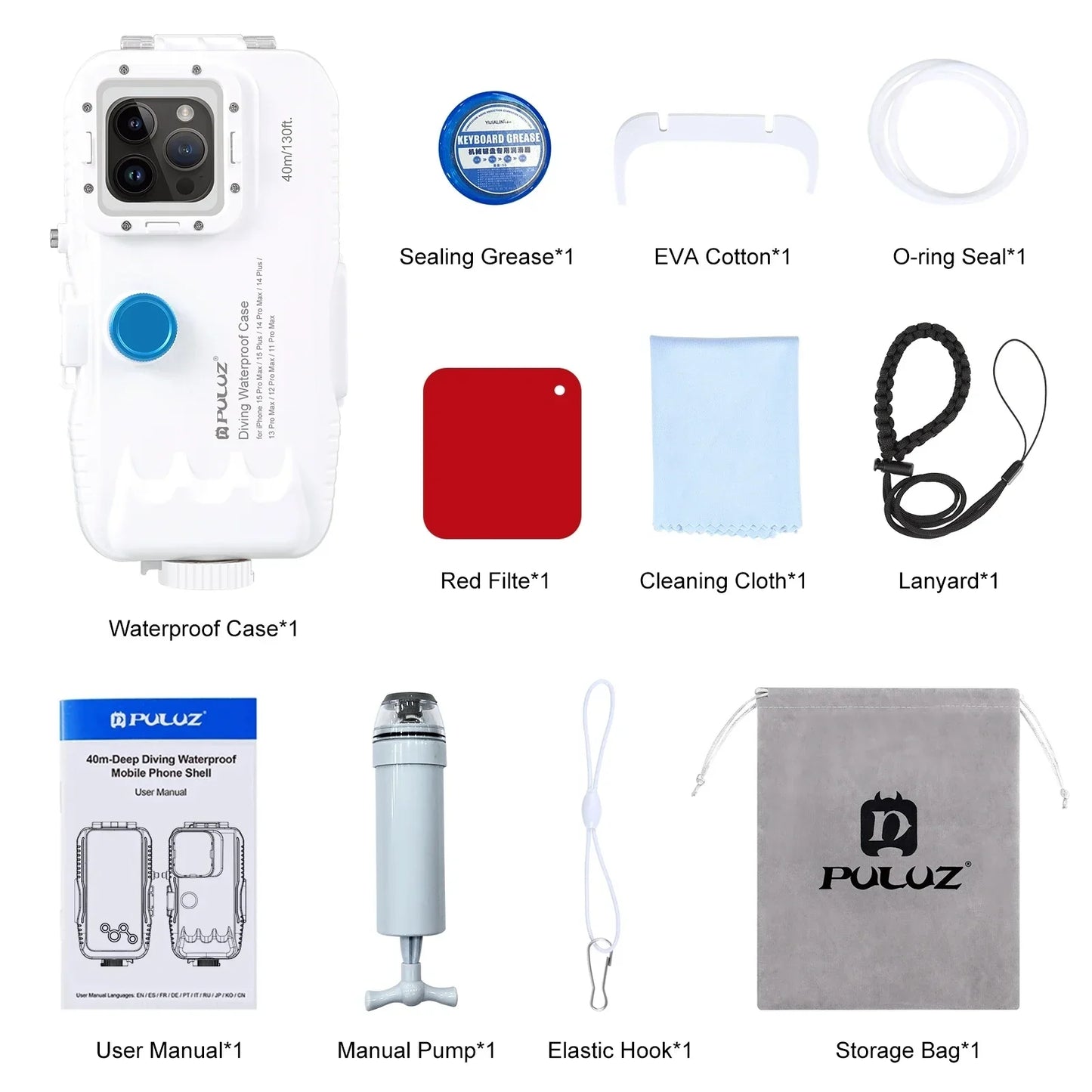 40m/130ft Waterproof Diving Case for iPhone 16 15 14 13 12 11 Pro Max Plus Photo Video Taking Underwater Housing Cover