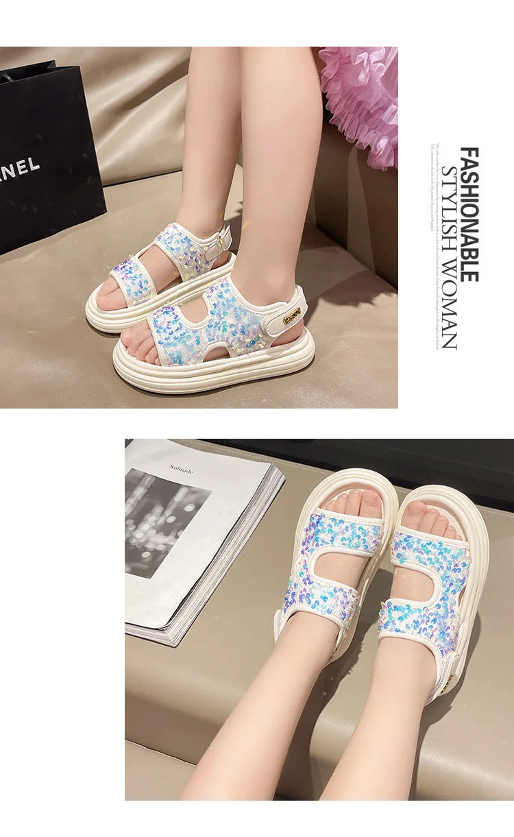 Summer Children's Sandals Sequins Thick Soled Girls Causal Princess Open-toe Sandals Fashion Non-slip Kids Beach Shoes Versatile