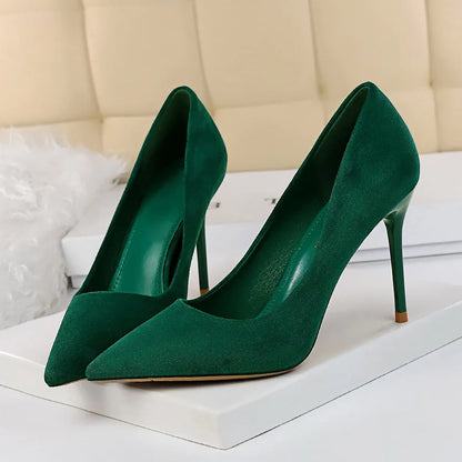 Women 9cm High Heels Pumps Stripper Flock Suede Plus Size Escarpins Lady Wedding Bridal Heels Escarpins Green Blue Yellow Shoes