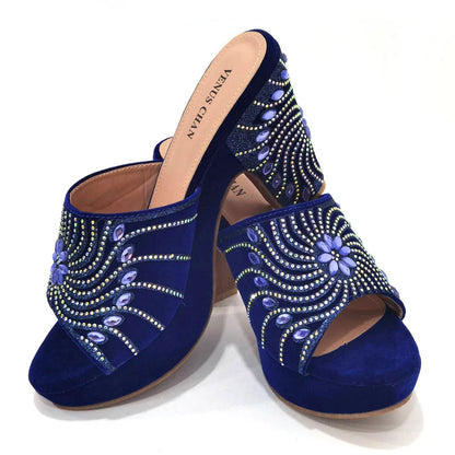 The Latest Italian Design Rotary Rhine-Diamond Floral Thick Heel Platform Women's Comfortable Shoes Bag and Shoe Set
