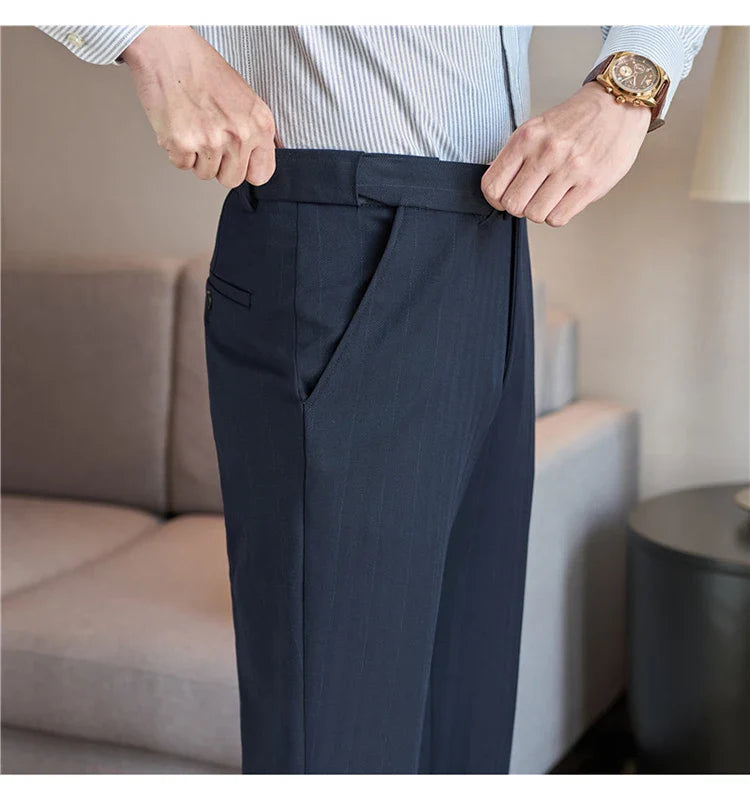 Men's Wool Blend Dress Pants, Elastic Waist Business Trousers, Tapered Slim Fit, Charcoal Gray Black Navy