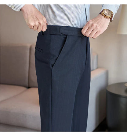 Men's Wool Blend Dress Pants, Elastic Waist Business Trousers, Tapered Slim Fit, Charcoal Gray Black Navy