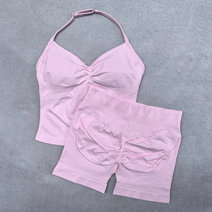 New Seamless Yoga Set Women 2Pcs Padded Halter Tank Top Scrunch Butt Lifting Gym Shorts Set Summer Sportswear Workout Clothes